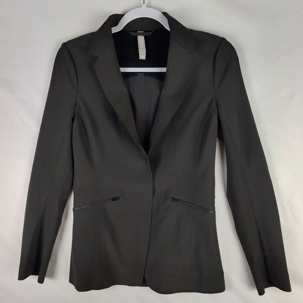ATHLETA Interstellar Blazer Arbor Olive Work Jacket Sz 0 Raw Laser Cut Edge XS